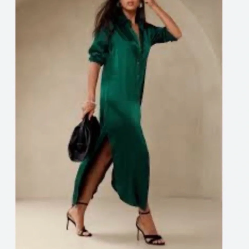 ❌SOLD❌ Banana Republic NEW Muse Silk Maxi Shirtdress in Emerald Green size L - Picture 1 of 17